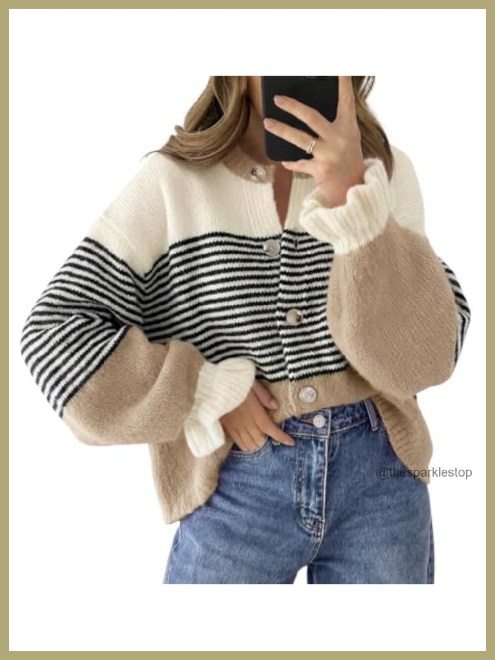 Womens Striped Button Up Cardigan Sweater Ruffle Sleeve Loose Knit Fall